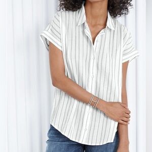 Eileen Fisher White and Gray Striped Casual Shirt